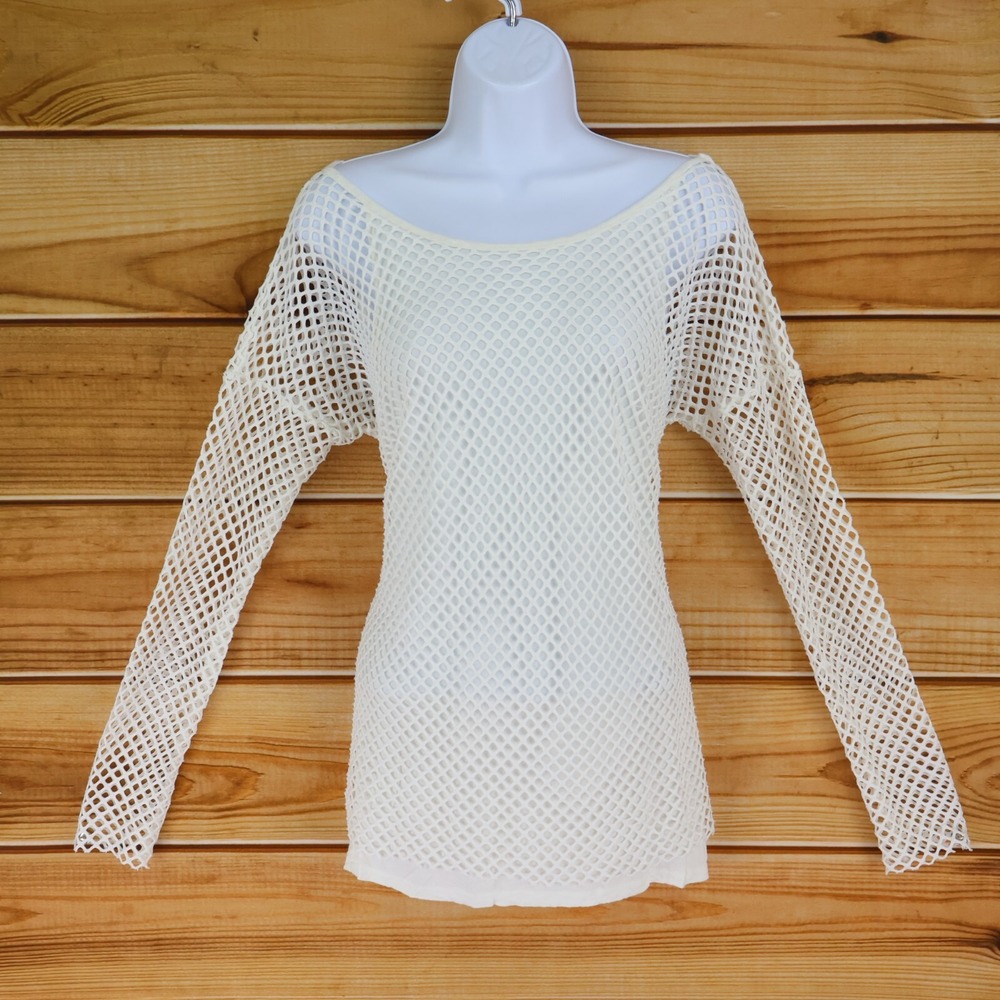 Joan Vass Studio Blouse Womens Sz M White Stretch Open Overlay Built-In Camisole